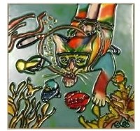 6" Square Multicolor SCUBA Diving Cat Ceramic Tile