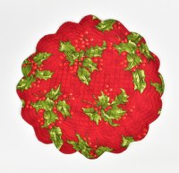 17" Round Red and Green Quilted Holly Placemat
