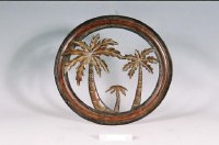 16" Round Metal Brown Palm Trio Coastal Wall Plaque