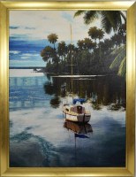 48" x 36" Sailboat in Harbor on Gel Textured Print in Gold Frame