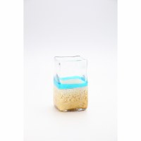 8" Square Blue & Tan Glass Vase