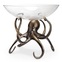 12" Bronze Metal Aluminum and Glass Octopus Bowl