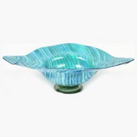 27" Turquoise and Blue Striped Oval Glass Bowl