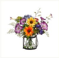 11" Faux Multicolor Flowers in Glass Vase with Handle