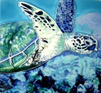 6" Square Green Sea Turtle on Blue Ceramic Tile