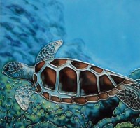 8" Square Sea Turtle on Blue Seascape Ceramic Tile