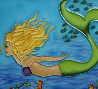 6" Square Multicolor Mermaid Swimming Ceramic Tile