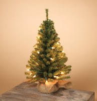 18" Electric Lit Faux Green Pine Tree with Burlap Base