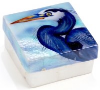 3" Square Painted Capiz Blue Heron Box