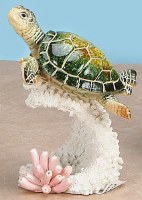 5" Glossy Green Sea Turtle Figurine on White Coral Pillar