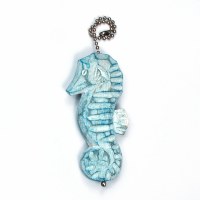 4" Aqua Carved Wooden Seahorse Fan Pull