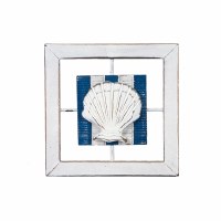 8" Square Distressed White and Blue Finish Wooden Scallop Shell Window Plaque