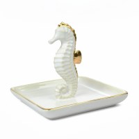 5" White Ceramic and Gold Seahorse Ring Holder Dish
