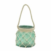 7" Round Green Glass Rope Handled Net Lantern