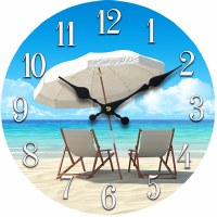 13" White Beach Umbrella and Chairs Glass Clock