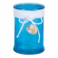 6" Round Blue Glass Votive Holder With Roped Shell