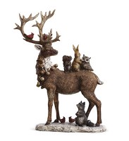 16" Multicolor Reindeer with Forest Friends Sculpture