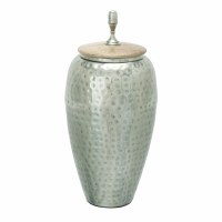 16" Round Tall Silver Hammered Metal Urn with Wood Lid