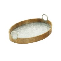 28" Hammered Silver and Wood Oval Tray with Handles