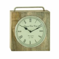11" Square Natural Wood, Metal and Glass Clock with Handle