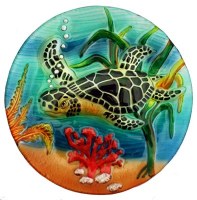 18" Round Multicolor Sea Turtle Fused Glass Bowl