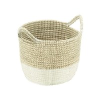 13" Round Natural and White Woven Seagrass Basket with Handles