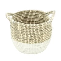 11" Round Natural and White Woven Seagrass Basket with Handles