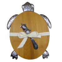 11" x 9" Bamboo Turtle Cutting Board with Distressed Silver Accents and Spreader