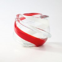 7" Round Red and White Swirl Ribbed Glass Ball Vase