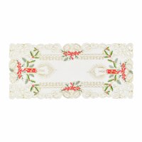 15" x 34" Red Candle and Holly White Openwork Runner
