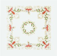 33.5" Square White and Red Holly Candle Table Topper