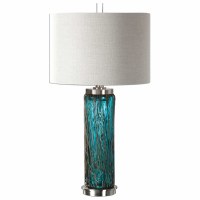 30" Teal Glass and Bronze Roots Column Lamp