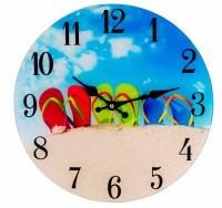 13" Round Glass Multicolor Beach Flip Flops Photo Clock