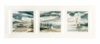 18" x 51" Three Watercolor Coastal Boat Gel Textured Coastal Prints in White Frame Under Glass