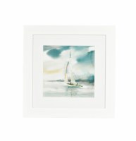 19" Square Subtle Mist Sailboat Coastal Water Color In White Frame Under Glass