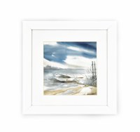 19" Square Subtle Mist Row Boat Coastal Water Color in White Frame Under Glass