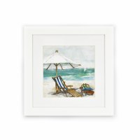 19" Square Tropical View on Beach 1 Coastal Water Color in White Frame Under Glass