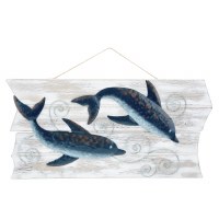 21" Whitewashed Wood Sign with Blue Metal Dolphin Pair