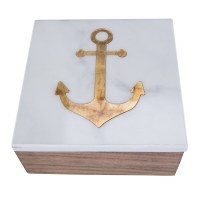 6" Square White Faux Marble and Gold Anchor Lidded Box