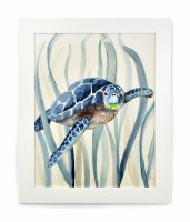 27" x 33" Blue Sea Turtle Gel Textured Coastal Framed Painting 1