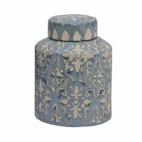 11" Blue and Beige Filigree Ceramic Jar