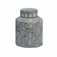 9" Blue and Beige Filigree Ceramic Jar