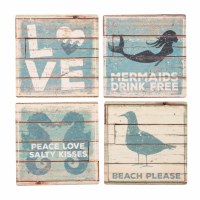 4" Square Set of 4 Blue and White Mermaid Coasters with Holder