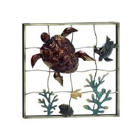 20" Square Brown and Black Sea Turtle Seascape Grid Coastal Metal Wall Art Plaque