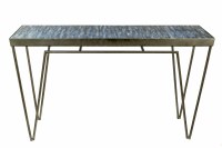 48" Quiet Storm Blue Abstract Glass Top with Silver Metal Base Console