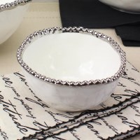 5" Round White and Silver Beaded Ceramic Bowl  by Pampa Bay