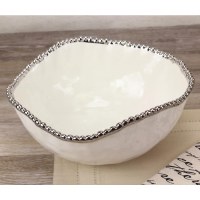 10" Round White and Silver Beaded Ceramic Bowl  by Pampa Bay