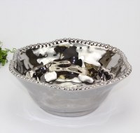 10" Round Silver Beaded Ceramic Bowl  by Pampa Bay
