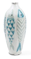 13" White and Aqua Ceramic Fish Vase