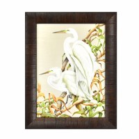 18" x 14" White Egret on Gel Painting in Dark Brown Frame
